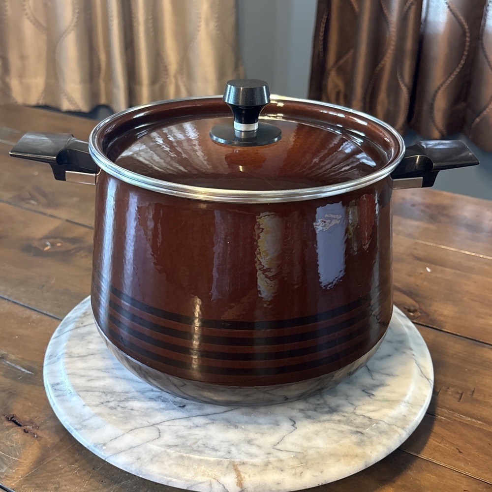 VTG 1970s West Bend Scandia Brown & Black Enamel Stock Pot With Lid